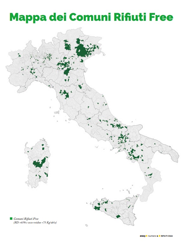 mappa dei comuni rifiuti free (fonte: dossier Comuni ricicloni 2024) 